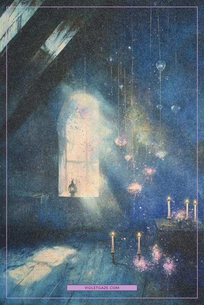 Artist's attic studio with floating candles,, cotton candy pink magical sparkles