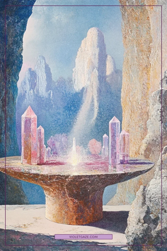 Crystal collection on windowsill with mauve and dusty blue prisms of light, Pre-Raphaelite ethereal quality