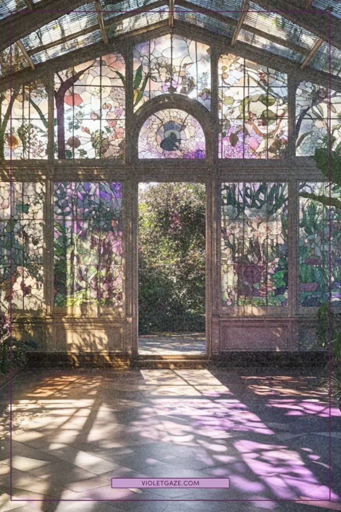 Garden conservatory with plum shadows and lavender light beams, William Morris botanical details