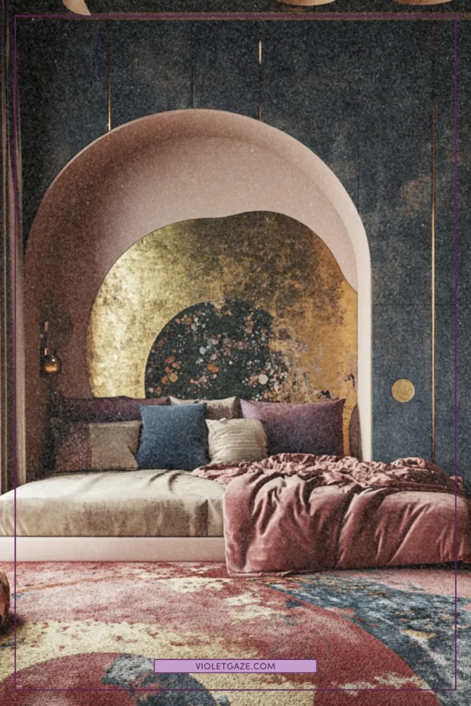 Gustav Klimt-inspired creative sanctuary with gold accents, dark pink and dusty blue color palette, geometric storage solutions, art nouveau details