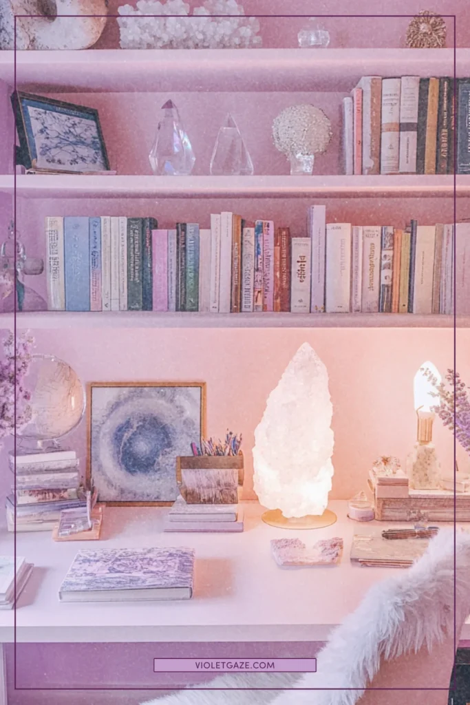 Pre-Raphaelite artist studio with flowing mauve and dusty blue curtains, golden hour light streaming through tall windows, organized art supplies, ethereal atmosphere