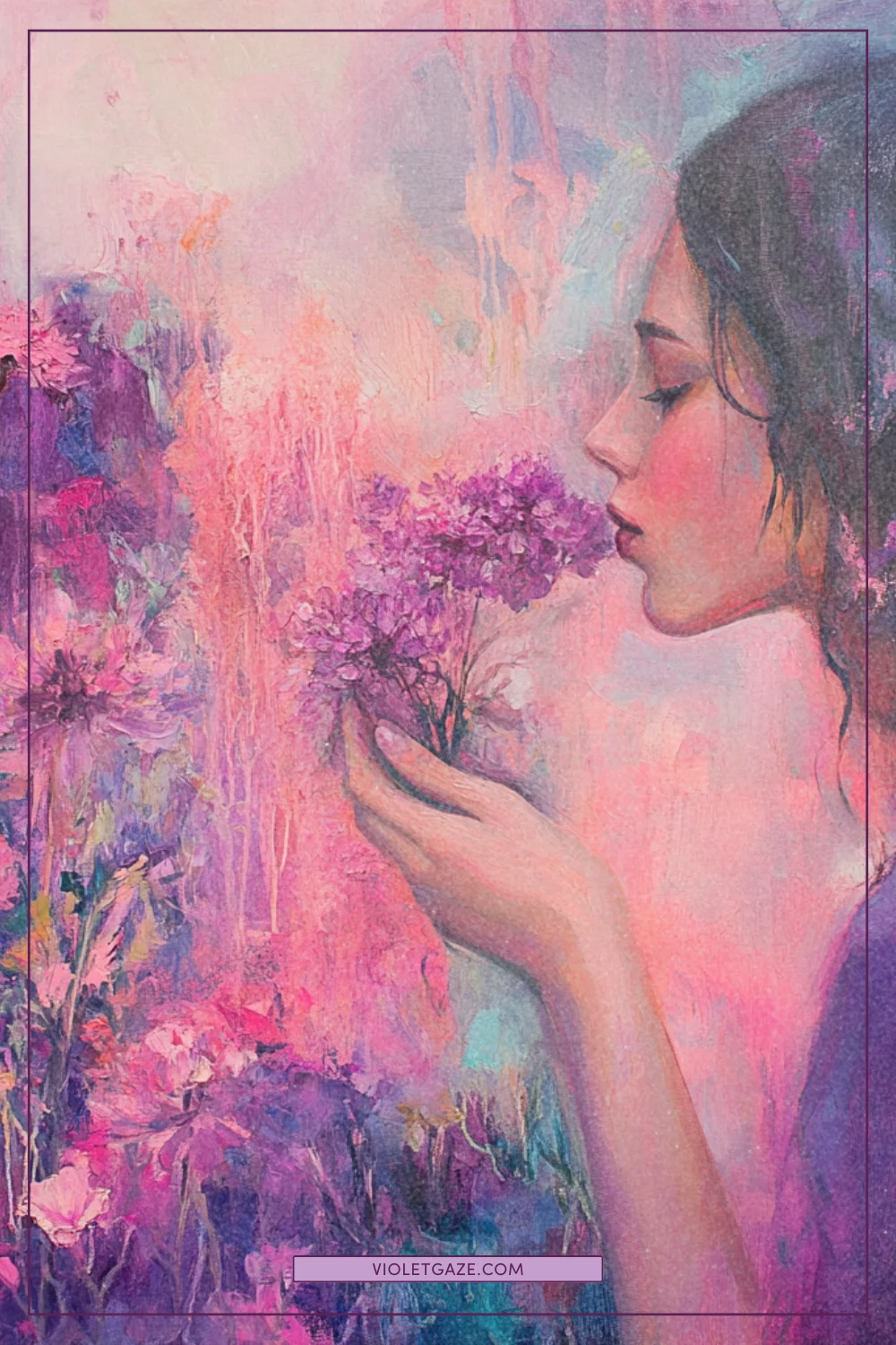 Woman collecting color inspiration from enchanted garden flowers