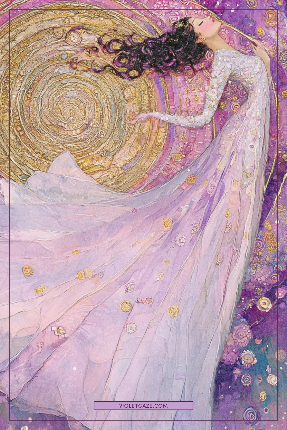 Woman emerging from crystalline cocoon, cotton candy pink to lavender gradient