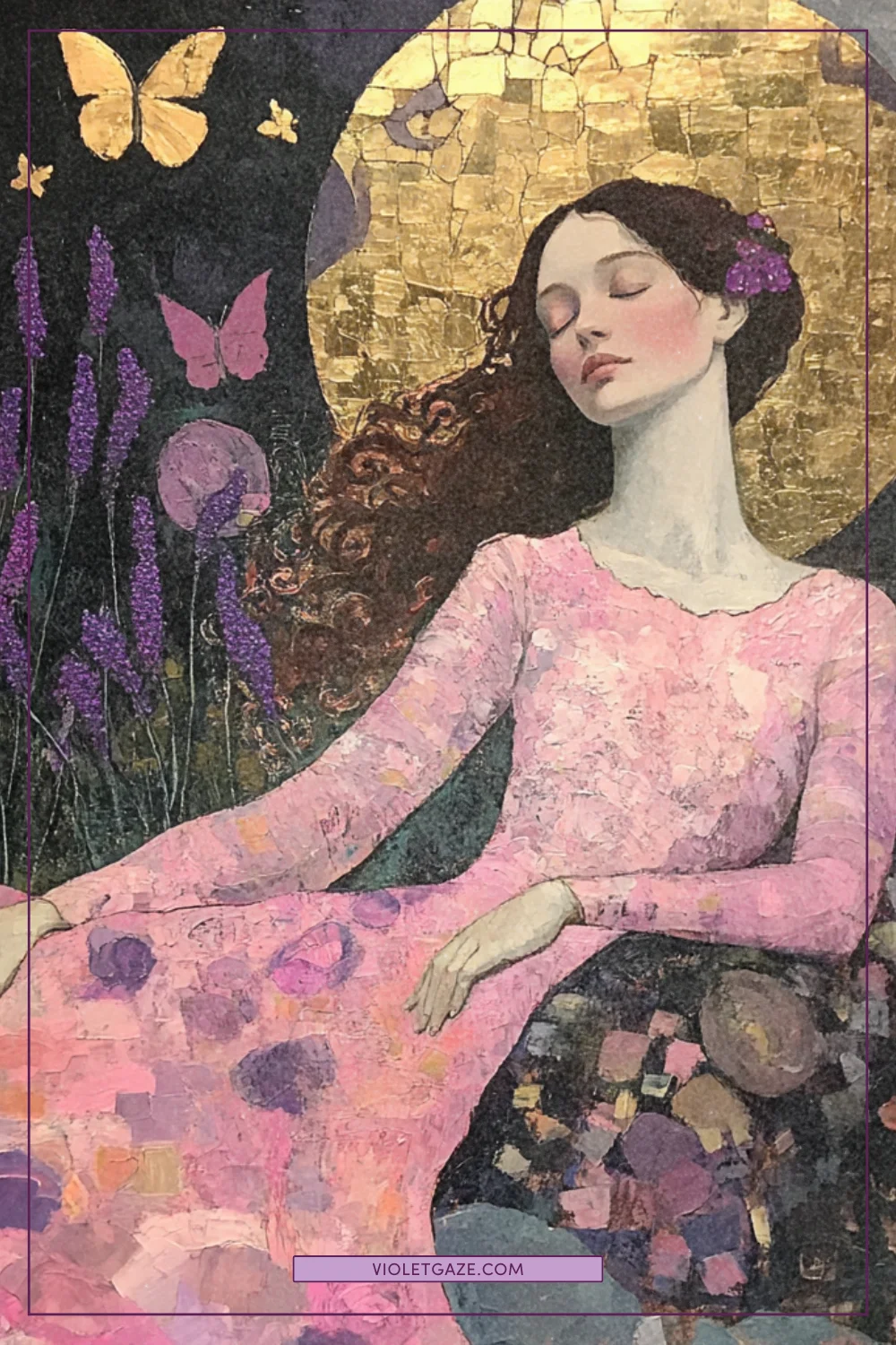 Woman in cotton candy pink dress meditating in moonlit garden