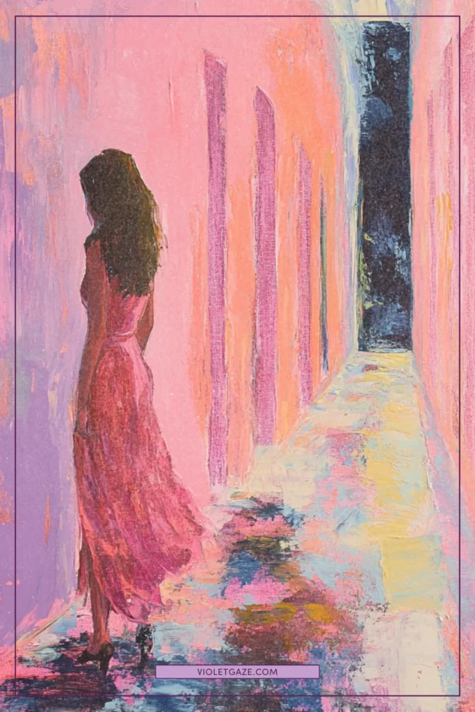 Woman painting doorways with magical color transformations