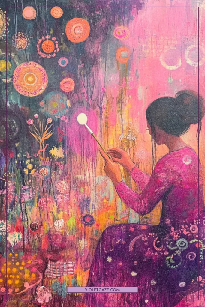 Woman painting magical patterns on vintage walls