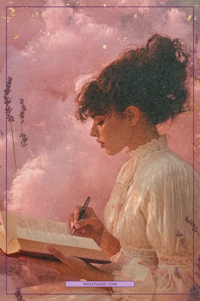 Woman writing in journal surrounded by cotton candy pink mist and floating lavender flowers, Gustav Klimt golden details (2)