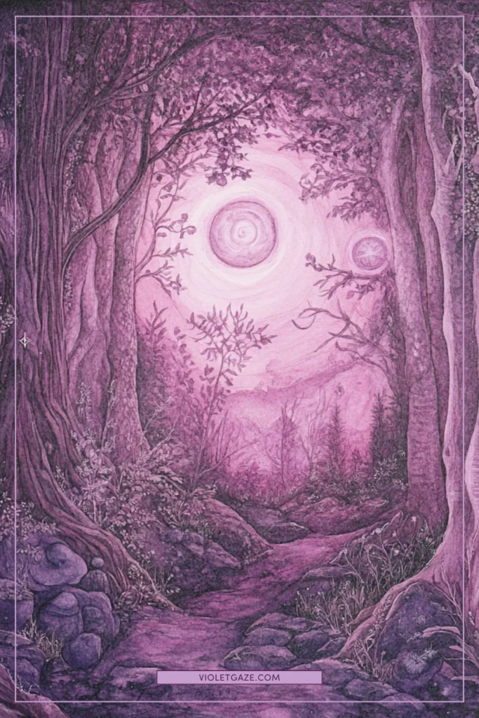 enchanted forest meditation scene with healing symbols
