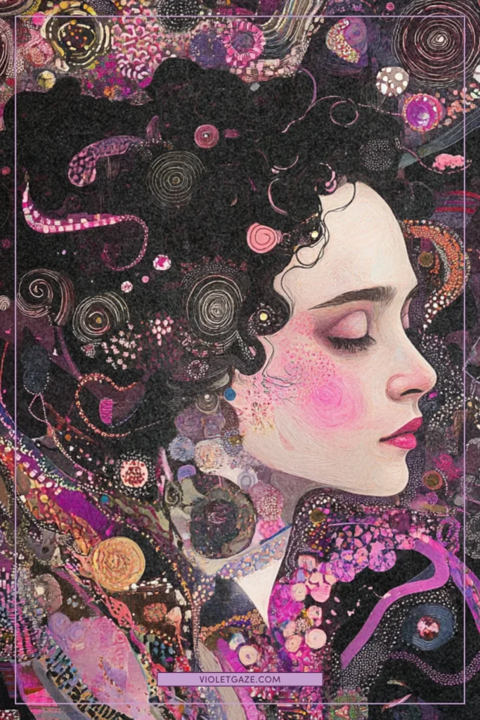 fairy-like entrepreneur in her cozy studio filled with cotton candy pink and plum colored magical items