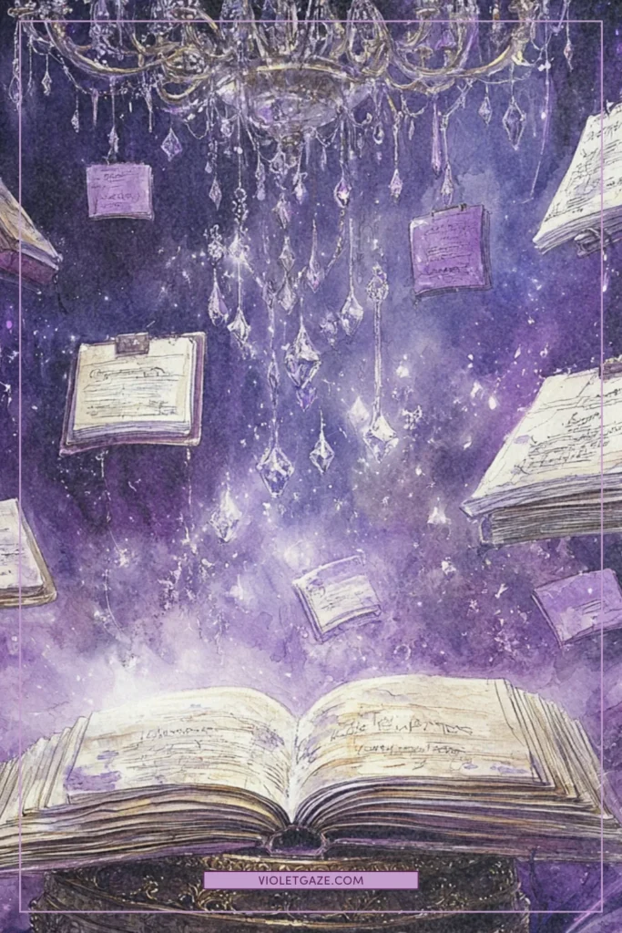 floating journals and planning tools in plum and lavender tones under a crystal chandelier