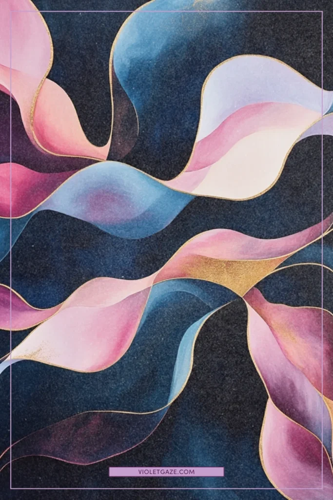 flowing forms in dark pink and dusty blue with golden accents