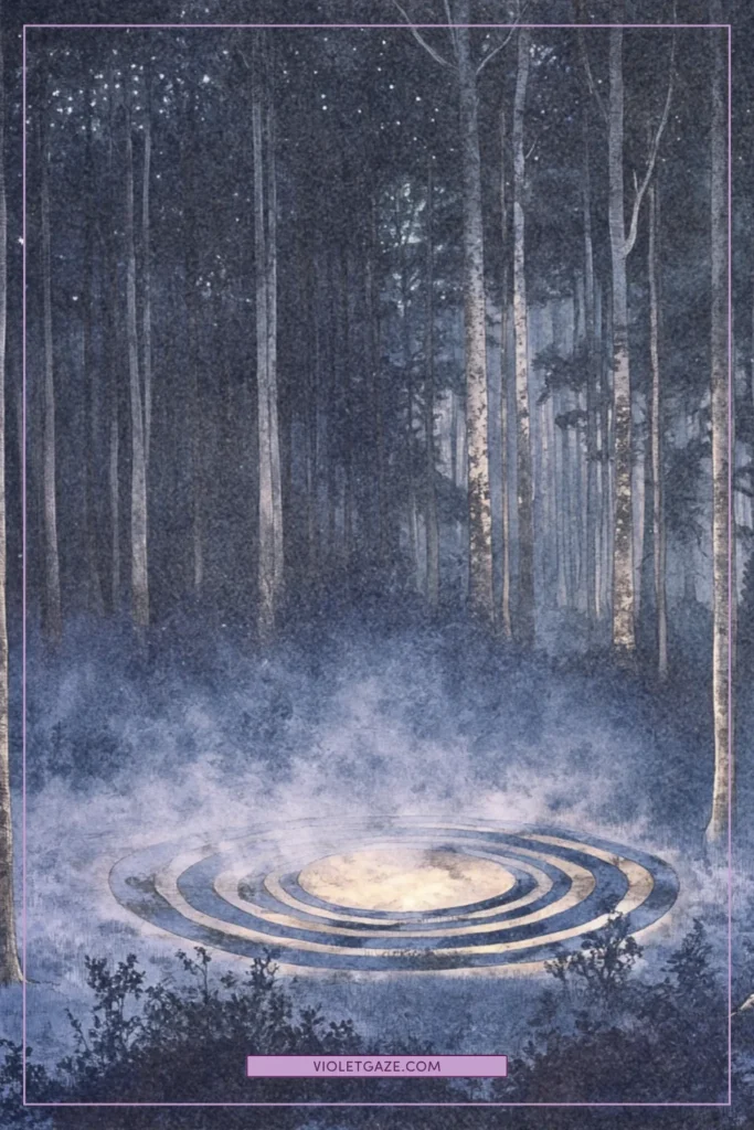 misty forest clearing with a magical manifestation circle in mauve and dusty blue illuminated by moonlight
