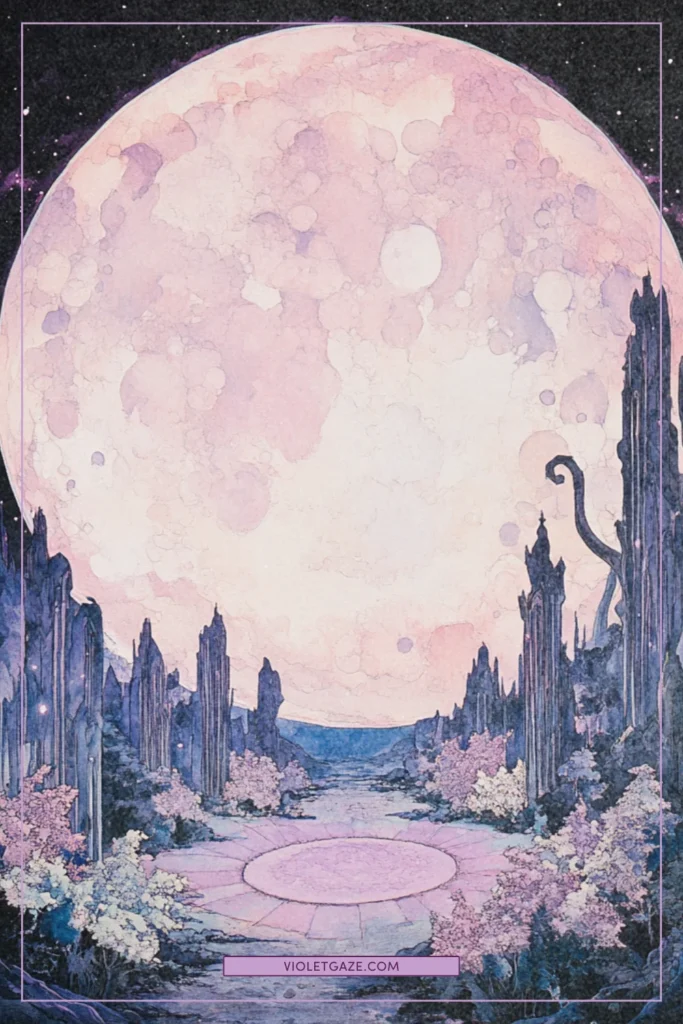 misty forest clearing with a magical manifestation circle in mauve and dusty blue illuminated by moonlight