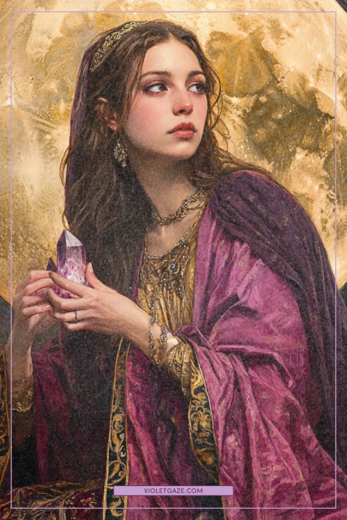 portrait of a woman in flowing dark pink and plum robes holding crystals under a massive golden full moon