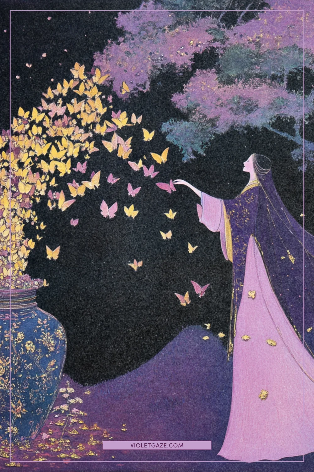 woman in flowing robes of plum and cotton candy pink