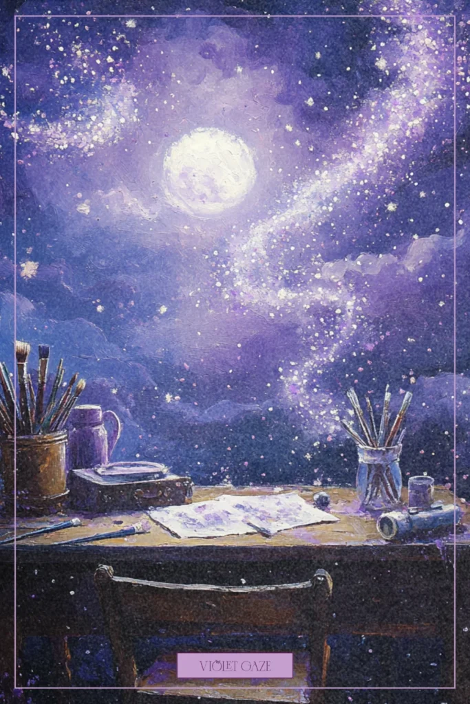 An Arthur Rackham-inspired whimsical scene of an artist's desk with levitating art supplies, mauve and lavender sparkles swirling in the air, illuminated by moonlight