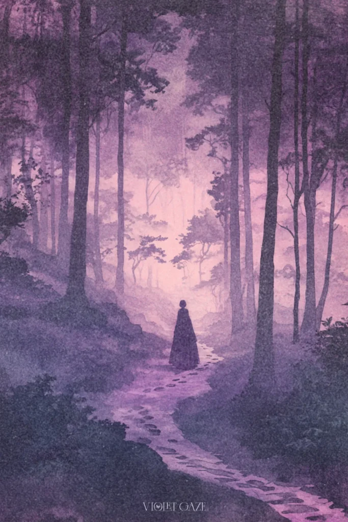 A Dorothy Lathrop-styled scene of an ethereal figure tracing footprints in a foggy forest, symbolizing carving her own path, with deep purple hues and a dreamy glow