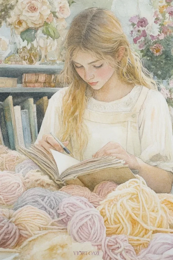 woman reading in balls of yarn